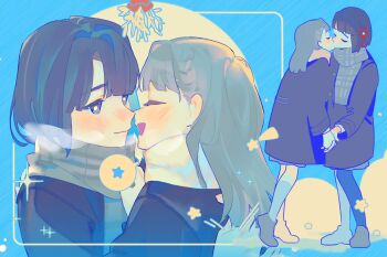 2girls black_coat black_hair black_pantyhose blue_background blunt_bangs blunt_ends blush bob_cut braid brown_scarf brown_shoes center-flap_bangs closed_eyes closed_mouth coat commentary_request dress full_body hasu_no_sora_school_uniform height_difference highres kachimachi_kosuzu kiss kneehighs link!_like!_love_live! long_hair love_live! medium_dress mistletoe momose_ginko multiple_girls multiple_views nose_blush open_mouth pantyhose pipi_(m1x_mix) plaid_clothes plaid_scarf scarf school_uniform shoes short_hair side_braids smile socks speech_bubble spoken_star star_(symbol) tiptoes upper_body virtual_youtuber winter_uniform yuri