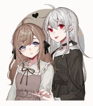 Rule 34 | 2girls, ahoge, belt, black choker, black dress, braid, brown belt, brown dress, brown hair, choker, crown braid, dress, genderswap, genderswap (mtf), grey eyes, grey hair, hair ribbon, heart, heart belt buckle, holding hands, kanae (nijisanji), kuzuha (nijisanji), long hair, long sleeves, looking at another, looking at viewer, mole, mole under eye, multiple girls, nijisanji, pointy ears, puritan collar, red eyes, ribbon, saika mogu, sanya (kuzuha), shirt, simple background, tongue, tongue out, upper body, virtual youtuber, white background, white shirt