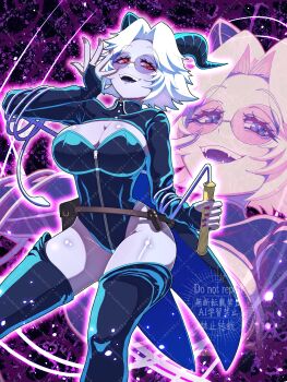 1girl :d absurdres belt belt_pouch black_leotard black_shrug boots breasts cleavage collared_shrug colored_skin commentary_request commission curtained_hair demon_girl demon_horns fangs feet_out_of_frame glasses hand_up highres holding holding_whip horns large_breasts leotard long_sleeves luciana_(nobleoutlier) multiple_views open_mouth original pappet3104518 parted_bangs pouch purple-tinted_eyewear purple_nails purple_skin red_eyes round_eyewear short_hair shrug_(clothing) skeb_commission smile strapless strapless_leotard thigh_boots tiefling tinted_eyewear watermark watermark_grid white_hair zipper_leotard zipper_pull_tab zoom_layer