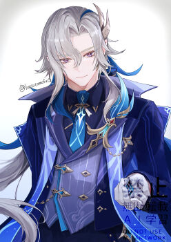 1boy blue_hair blue_jacket blue_necktie blue_shirt closed_mouth collared_shirt commentary_request genshin_impact gloves grey_hair grey_vest hair_between_eyes hasutomofu highres jacket long_hair long_sleeves looking_at_viewer male_focus multicolored_hair necktie neuvillette_(genshin_impact) neuvillette_(melusent_gift)_(genshin_impact) official_alternate_costume pointy_ears purple_eyes shirt solo streaked_hair twitter_username upper_body vest watermark white_background white_gloves