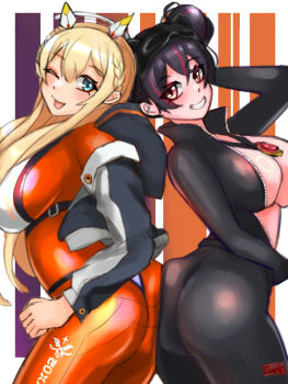 2girls absurdres artist_request ass ass-to-ass ass_press black_hair blonde_hair blue_eyes blush bodysuit breasts come_hither double_bun from_behind gloves goddess_of_victory:_nikke grin hair_bun half_updo highres huge_ass large_breasts long_hair looking_at_viewer multiple_girls naughty_face one_eye_closed quency_(escape_queen)_(nikke) quency_(nikke) red_eyes short_hair sideboob skin_tight smile tongue tongue_out tove_(nikke) very_long_hair