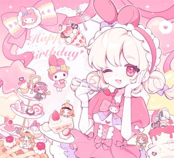 Rule 34 | 6+girls, :3, :d, animal ear hairband, animal ears, balloon, blonde hair, bow, cake, cake slice, character ornament, chibi, chunjian (chenlu769), corset, fake animal ears, food, frilled skirt, frills, fruit, gloves, hairband, happy birthday, highres, identity v, lace background, lily barriere, lily barriere (bishop-f1), lily barriere (congretator), lily barriere (fluorite), lily barriere (oph.lily), lily barriere (rising star), lily barriere (stunning my melody), multiple girls, multiple persona, my melody, one eye closed, onegai my melody, open mouth, pastel colors, pastry, pink bow, pink corset, pink eyes, pink skirt, pink theme, puffy sleeves, rabbit ear hairband, rabbit ears, sanrio, shirt, short twintails, skirt, smile, star (symbol), strawberry, twintails, white shirt