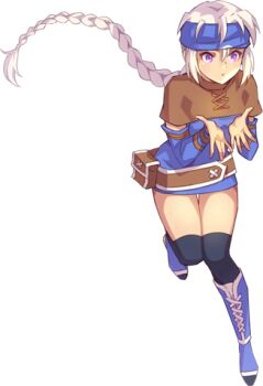 1girl artist_request belt belt_pouch black_socks blue_boots blue_dress blue_headband blue_sleeves boots braid braided_ponytail breasts brown_belt brown_capelet capelet cross-laced_capelet detached_sleeves dress full_body grey_hair hair_between_eyes hair_tie headband knee_boots kneehighs knees_together_feet_apart lace-up_boots long_hair low-braided_long_hair low-tied_long_hair lowres medium_breasts nayatrei nexon official_art open_hands open_mouth over-kneehighs pouch purple_eyes second-party_source simple_background single_braid sleeveless sleeveless_dress socks tales_weaver thighhighs transparent_background turtleneck turtleneck_capelet