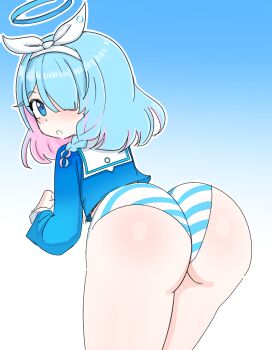 1girl arona_(blue_archive) ass blue_archive blue_eyes blush braid from_behind gradient_background hair_ribbon halo highres jeffcb kyojiri_loli loli long_hair long_sleeves looking_at_viewer looking_back panties ribbon sailor_collar school_uniform serafuku shirt solo standing striped_clothes striped_panties thighs underwear white_sailor_collar