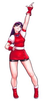 1girl asamiya_athena bike_shorts breasts curvy female_focus gloves hairband isa1000mg large_breasts long_hair pale_skin pants purple_eyes purple_hair shoes skirt socks standing star_(symbol) the_king_of_fighters thick_thighs thighs tight_clothes tight_pants wide_hips