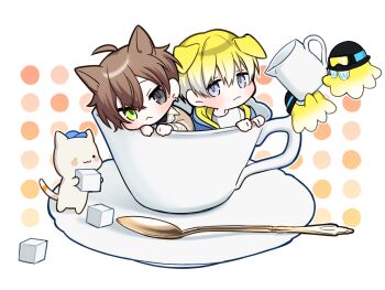 Rule 34 | 2boys, :&lt;, :3, alban knox, alban knox (2nd costume), animal ears, blonde hair, blue eyes, blue jacket, briskadet (sonny brisko), brown hair, brown shirt, cat ears, chibi, collared shirt, commentary request, cup, dog ears, grey eyes, heterochromia, in container, in cup, jacket, kemonomimi mode, male focus, multiple boys, nana72710193, nijisanji, nijisanji en, polka dot, polka dot background, pouring, saucer, shirt, simple background, sonny brisko, sonny brisko (2nd costume), spoon, sugar cube, takaradachi (alban knox), teacup, undershirt, uwu, virtual youtuber, white background, white shirt, yellow eyes
