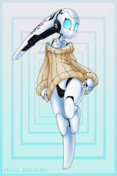 1girl beesgav blue_eyes drossel_von_flugel fireball_(series) highres humanoid_robot joints mechanical_hair no_mouth robot robot_girl robot_joints sweater thighs