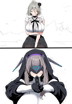 2girls ^_^ absurdres black_gloves black_skirt blood blood_on_face breasts brown_hair captain_(chaos_zero_nightmare) chaos_zero_nightmare closed_eyes closed_mouth commentary_request crying eye_mask gloves gun handgun highres holding holding_gun holding_weapon hood huge_breasts injury mask multiple_girls renoa_(chaos_zero_nightmare) shirt simple_background skirt sleeveless sleeveless_shirt smile tears trembling weapon white_background white_shirt xipa