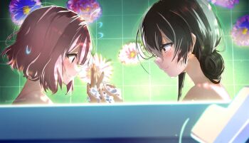 2girls amaori_renako black_hair blush embarrassed flower flying_sweatdrops hair_bun hair_up highres holding_hands in_bathtub koto_satsuki light_smile multiple_girls pink_hair purple_eyes red_eyes sengoku_chidori short_hair soap_bubbles tile_wall tiles watashi_ga_koibito_ni_nareru_wake_naijan_murimuri! yuri