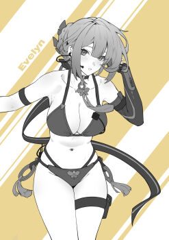 1girl absurdres alternate_costume arm_strap bare_shoulders bikini breasts character_name chinese_commentary cleavage commentary_request earpiece elbow_gloves evelyn_chevalier gloves greyscale_with_colored_background highres large_breasts long_ribbon looking_at_viewer mole mole_under_eye multi-strapped_bikini_bottom navel necktie parted_lips pouch shadow_lxy short_hair single_elbow_glove solo stomach swimsuit thigh_pouch thighs zenless_zone_zero