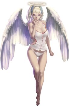 1girl angel angel_wings artist_request bare_arms bare_legs bare_shoulders barefoot blonde_hair breasts cleavage clenched_hand crystal_maiden_(series) feathered_wings finger_to_mouth full_body game_cg halo looking_at_viewer micah_(crystal_maidens) navel official_art panties purple_eyes solo transparent_background underwear variant_set white_panties wings