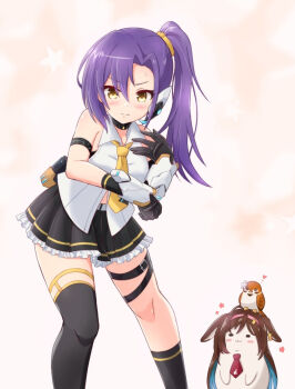 1girl :3 =_= animal animal_ear_piercing animal_on_head animalization aqua_hair arm_under_breasts assault_lily asymmetrical_legwear bare_shoulders belt belt_buckle bird bird_on_head black_choker black_gloves black_skirt black_socks black_thighhighs blush breasts brown_hair buckle choker closed_eyes closed_mouth collared_shirt colored_inner_hair commentary_request cosplay earrings feet_out_of_frame flower flower_symbol frilled_skirt frills gloves hair_between_eyes hair_flower hair_ornament hair_scrunchie hairband hands_up hatsukano_yo_(cosplay) hatsukano_yo headset high_ponytail honma_akehi inoguchi_minto ishizuka_fujino jewelry kneehighs long_hair looking_at_viewer medium_breasts midriff_peek miniskirt multicolored_hair necktie on_head pink_background pink_hairband ponytail pouch purple_hair rabbit red_necktie scrunchie shiozaki_suzume shirt short_necktie side_ponytail single_earring skirt sleeveless sleeveless_shirt socks sparrow standing star_(symbol) star_symbol_background sweatdrop thigh_belt thigh_strap thighhighs two-tone_hair v-shaped_eyebrows vambraces white_belt white_flower white_shirt yellow_eyes yellow_necktie yellow_scrunchie