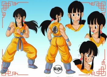 1girl 2025 alternate_costume alternate_muscle_size armband artist_name belt black_eyes black_hair bleeding blood blood_on_face blue_background blue_belt blujul chi-chi_(dragon_ball) chinese_border clenched_teeth commission dougi dragon_ball fighting_stance highres long_hair looking_back low_ponytail muscular muscular_female one_eye_closed orange_dougi ponytail reference_sheet sidelocks tearing_up teeth tongue tongue_out two-tone_background v-shaped_eyebrows white_background