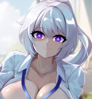 1girl blue_eyes blurry blurry_background breasts cleavage commentary diamond-shaped_pupils diamond_(shape) english_commentary high_ponytail highres honkai_(series) honkai_impact_3rd kiana_kaslana kiana_kaslana_(herrscher_of_finality) large_breasts long_hair looking_at_viewer ponytail shirt slash-ex smile solo symbol-shaped_pupils upper_body very_long_hair white_hair white_shirt