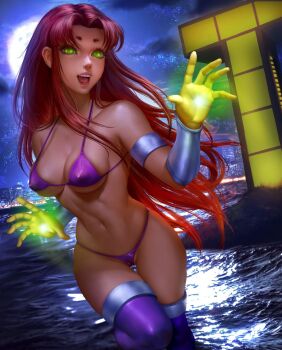 bikini dc_comics flying green_eyes logan_cure micro_bikini night solo starfire swimsuit teen_titans