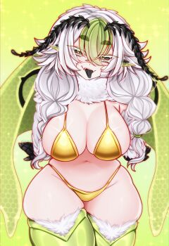 1girl absurdres antennae arthropod_girl bikini black_sclera black_tongue braid breasts cleavage colored_sclera colored_skin curvy fangs gold_bikini green_background green_eyes green_hair hair_between_eyes highres indie_virtual_youtuber insect_girl insect_wings juniper_actias juniper_actias_(space_invader) large_breasts looking_at_viewer monster_girl moth_antennae moth_girl moth_wings pointy_ears sitraell skin_fangs swimsuit thick_thighs thighs tongue tongue_out twin_braids virtual_youtuber white_hair white_skin wide_hips wings