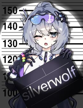 1girl bare_shoulders commentary_request goggles goggles_on_headwear grey_eyes grey_hair hair_between_eyes highres honkai:_star_rail honkai_(series) korean_commentary long_hair looking_at_viewer maengkkong-i one_eye_closed silver_wolf_(elation)_(honkai:_star_rail) silver_wolf_(honkai:_star_rail) solo