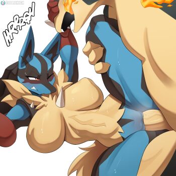 absurdres artist_name breasts cooliehigh from_behind furry furry_with_furry gen_2_pokemon gen_4_pokemon gen_6_pokemon hetero highres large_breasts lucario mega_evolution mega_lucario mega_pokemon nintendo open_mouth penis pokemon pokemon_(creature) sex simple_background standing standing_sex subscribestar_logo subscribestar_username typhlosion vaginal white_background