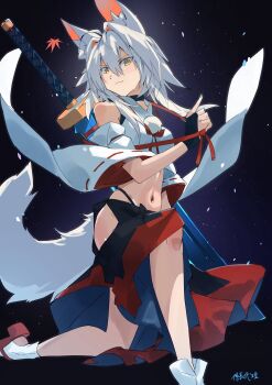 1girl animal_ears black_panties black_skirt breasts detached_sleeves geta hat highleg highleg_panties highres inubashiri_momiji kakaricho_dairi leaf leaf_print long_skirt looking_at_viewer maple_leaf maple_leaf_print medium_breasts midriff navel night night_sky panties pom_pom_(clothes) red_eyes red_hat ribbon-trimmed_sleeves ribbon_trim shirt signature skirt sky socks solo stomach tail tengu-geta touhou underwear white_hair white_shirt white_socks wolf_ears wolf_girl wolf_tail yellow_eyes