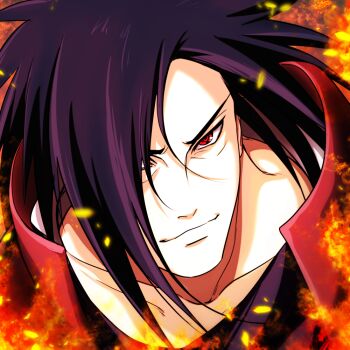 1boy akilaeeee black_hair commentary_request embers fire hair_over_one_eye male_focus mangekyou_sharingan naruto_(series) naruto_shippuuden portrait red_eyes sharingan smile solo uchiha_madara
