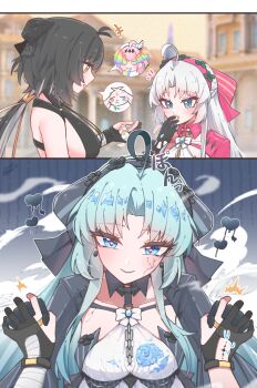 +++ 2girls abby_(wuthering_waves) ahoge black_bow black_gloves black_hair black_jacket blue_eyes bow breasts candy carlotta_(wuthering_waves) closed_mouth commentary_request cracked_skin denia_(wuthering_waves) earrings eating female_rover_(wuthering_waves) food gloves hair_bow hairband heart heart_in_eye highres holding holding_candy holding_food interlocked_fingers jacket jewelry light_blush long_hair looking_at_viewer low_ponytail medium_breasts multiple_girls parted_bangs pink_bow pink_hairband pink_jacket ponytail rover_(wuthering_waves) smile starblame striped_bow symbol_in_eye tacet_mark_(wuthering_waves) wuthering_waves yellow_eyes