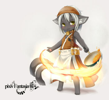 Rule 34 | 1girl, :3, animal ears, animal hands, barefoot, bell, blush, cat ears, cat tail, collar, cooking, female focus, fire, food, frying pan, furry, furry female, hat, kagerofu, knife, looking at viewer, neck bell, pixiv fantasia, simple background, solo, standing, tail, white hair, yellow eyes