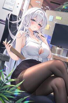 1girl artist_request bad_source bare_arms binder black_skirt blue_eyes blush breasts bursting_breasts chair cisne cleavage clipboard crossed_legs cup desk disposable_coffee_cup disposable_cup grey_hair hair_between_eyes halo highres holding holding_clipboard indie_virtual_youtuber indoors large_breasts leaf long_hair looking_at_viewer monitor office pantyhose parted_lips shirt sidelocks sitting skirt sleeveless sleeveless_shirt solo sticky_note swivel_chair very_long_hair virtual_youtuber white_shirt