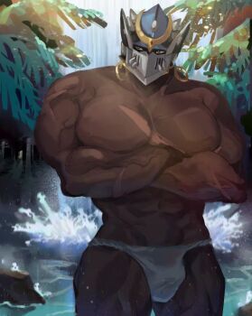 1boy bara blackcatlandr bulge commentary_request crossed_arms helmet highres large_pectorals male_focus male_underwear muscular muscular_male outdoors pectorals shiva_(housamo) sideways_glance solo tokyo_houkago_summoners topless_male underwear v-taper veins veiny_arms water waterfall white_male_underwear