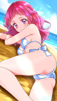 1girl ass beach bikini blue_sky breasts cloud cloudy_sky commentary_request day hair_ornament highres horizon hugtto!_precure kakikakilemon long_hair looking_at_viewer looking_back lying nono_hana ocean on_stomach outdoors pink_eyes pink_hair precure signature sky small_breasts smile solo swimsuit water white_bikini