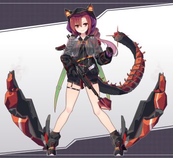 1girl animal_ears assault_rifle black_gloves black_hoodie black_shoes black_shorts black_socks brotherhood_of_nod capelet command_&amp;_conquer command_&amp;_conquer:_tiberian_sun ddt_(darktrident) full_body gloves gun highres hood hoodie looking_at_viewer loose_socks mecha_musume medium_hair personification red_hair rifle scorpion_tank_(ddt_(darktrident)) shoes short_shorts shorts smirk socks solo standing thigh_strap two-tone_background weapon yellow_eyes