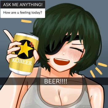 absurdres alcohol beer beer_can blush breasts camera_view can chainsaw_man chammy_space cleavage commentary drink_can drunk english_commentary english_text eyepatch green_hair highres himeno_(chainsaw_man) holding holding_can how_are_you_feeling_today_beer_(meme) meme short_hair speech_bubble tank_top