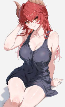 1girl absurdres arm_up black_nails black_shirt breasts cleavage closed_mouth highres indie_virtual_youtuber large_breasts long_hair looking_at_viewer meibin nail_polish red_hair shirt smile solo virtual_youtuber white_background yellow_eyes zentreya zentreya_(dragon)