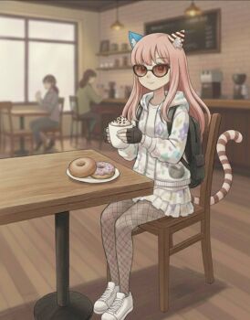 akemithekitten animal_ears bagel cafe cat_ears cat_girl cat_tail chloeakemi donut food hot_chocolate hoto_cocoa indoors loli public_indecency sitting sunglasses tail