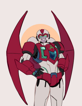 1boy armor assault_visor cybertronian grin hands_on_own_hips helmet highres male_focus mechanical_wings mechanization multicolored_armor nagare_ryoma radiation_symbol red_armor sinita smile solo transformers white_armor white_helmet wings yellow_eyes