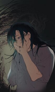 1boy abstract_background black_eyes black_hair black_liquid covering_own_mouth earrings getou_suguru grey_shirt hand_over_own_mouth highres jewelry jujutsu_kaisen long_hair male_focus mim_(mimya0600) severed_arm severed_limb shirt solo swirling t-shirt