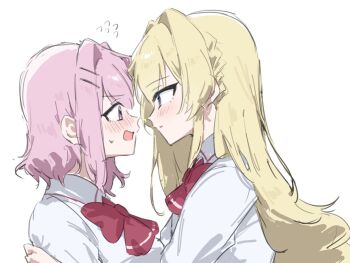 2girls amaori_renako blonde_hair blue_eyes blush bow bowtie collared_shirt commentary_request eye_contact flying_sweatdrops highres long_hair looking_at_another medium_hair mesugakisaikou multiple_girls open_mouth ouzuka_mai pink_hair purple_eyes red_bow red_bowtie school_uniform shirt simple_background upper_body watashi_ga_koibito_ni_nareru_wake_naijan_murimuri! white_background white_shirt yuri