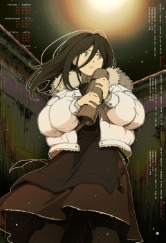 1girl absurdres artist_name black_hair brown_dress commentary cowboy_shot down_jacket dress english_commentary floating_hair fur-trimmed_jacket fur_trim green_eyes hair_between_eyes highres holding ira_grachevskaya jacket long_hair looking_to_the_side nopanamaman official_art solo white_jacket z.a.t.o._//_i_love_the_world_and_everything_in_it