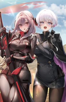 2girls :d absurdres arm_guards armor armored_bodysuit black_bodysuit bodysuit breasts brown_bodysuit cape earrings goddess_of_victory:_nikke grey_bodysuit highres japanese_armor jewelry large_breasts liliweiss_(nikke) long_hair military_uniform multiple_girls non-web_source official_art open_mouth purple_cape scarlet_(black_shadow)_(nikke) scarlet_(nikke) shiny_eyes short_hair side_cape smile source_request star-shaped_pupils star_(symbol) sword symbol-shaped_pupils two-tone_cape weapon