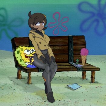 1girl 2boys :d artist_request black_bodysuit black_hair bodysuit bodysuit_under_clothes brown_jacket crossover dark-skinned_female dark_skin emma_(pokemon) full_body hair_ornament highres jacket looking_at_another mega_stone multiple_boys nintendo open_mouth plankton_(spongebob) pokemon pokemon_legends:_z-a short_hair simple_background sitting sitting_on_person smile spongebob_squarepants spongebob_squarepants_(series) surprised thighs xd