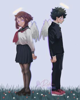 1boy 1girl black_footwear black_pants black_skirt blue_eyes boku_no_hero_academia brown_hair brown_pantyhose couple dreamyart ethereal feathered_wings gakuran grass hetero highres looking_at_viewer midoriya_izuku neckerchief ochaku_uraraka outdoors pants pantyhose purple_eyes red_footwear red_neckerchief rikka_(qgirl_26) school_uniform shirt skirt standing uraraka_ochako watermark white_background white_shirt white_wings wings