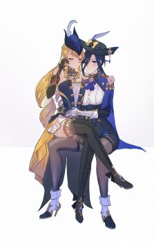 2girls aoiabyss ascot bare_shoulders black_boots black_gloves black_hat black_pantyhose blonde_hair blue_dress blue_hair boots clorinde_(genshin_impact) closed_eyes closed_mouth commentary_request dress elbow_gloves genshin_impact gloves hat hat_feather high_heels highres italian_commentary long_hair multiple_girls navia_(genshin_impact) pantyhose purple_ascot purple_eyes shirt shoes simple_background smile thigh_boots white_background white_shirt white_shoes yuri