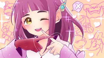 1girl ;d alcremie arched_bangs collared_shirt commentary_request crossed_fingers excadrill eyelashes gen_1_pokemon gen_2_pokemon gen_5_pokemon gen_7_pokemon gen_8_pokemon gloves granbull happy heart highres lacey_(pokemon) looking_at_viewer nintendo one_eye_closed open_mouth orange_background pokemon pokemon_sv primarina purple_hair red_gloves shirt single_glove slowpoke smile solo sparkle spoken_x teeth upper_body upper_teeth_only wagu_neru whimsicott white_shirt x_(symbol) yellow_eyes