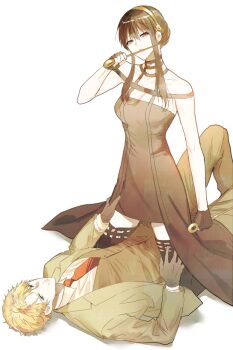 1boy 1girl bare_shoulders black_dress black_hair blonde_hair breasts collared_shirt dagger dashimakick dress flower_hairband formal_clothes gloves green_suit hair_between_eyes hairband highres husband_and_wife jacket knife long_hair red_eyes shirt short_hair sidelocks simple_background spy_x_family stiletto_(weapon) suit twilight_(spy_x_family) weapon white_background white_shirt yor_briar