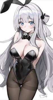 1girl absurdres animal_ears arms_behind_back black_bow black_bowtie black_leotard blue_eyes bow bowtie breasts brown_pantyhose character_request collar copyright_request cowboy_shot double-parted_bangs fake_animal_ears hair_between_eyes hair_ornament highres large_breasts leotard long_hair nyum pantyhose parted_lips playboy_bunny rabbit_ears rabbit_hair_ornament signature solo strapless strapless_leotard very_long_hair white_collar white_hair