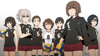 Rule 34 | 6+girls, akaboshi koume, alternate hairstyle, artist name, ball, black-framed eyewear, black hair, black jacket, black shirt, blue eyes, brown eyes, brown hair, closed mouth, commentary, crossed arms, dated, elbow pads, emblem, frown, girls und panzer, glasses, gradient background, grey background, grey hair, hair up, hand on own hip, hida ema, highres, holding, holding ball, iruma anna, itsumi erika, jacket, jacket on shoulders, katsuya megu, knee pads, kojima emi, kuromorimine (emblem), kuromorimine military uniform, looking at viewer, medium hair, multiple girls, nishizumi maho, ponytail, red shorts, satou yasu, shirt, short hair, short shorts, shorts, signature, sleeveless, sleeveless shirt, smile, sportswear, standing, swept bangs, very short hair, volleyball, volleyball (object), volleyball uniform, white shirt