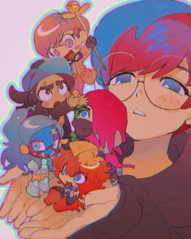3boys 3girls atticus_(pokemon) baseball_cap blue_eyes blue_hair blush bright_pupils cane chibi coat commentary_request eri_(pokemon) fiery_clothing freckles giacomo_(pokemon) glasses hat highres holding mask mela_(pokemon) multicolored_hair multiple_boys multiple_girls ninja nintendo ortega_(pokemon) pants penny_(pokemon) pink_coat pink_pants pointy_hair pokemon pokemon_sv rainbow_outline red_hair team_star thxzmgn trap two-tone_hair white_background white_mask white_pupils