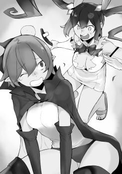 2girls anger_vein angry bow bowtie breasts buruma cape cleavage cleavage_cutout clothing_cutout dress dungeon_ni_deai_wo_motomeru_no_wa_machigatteiru_darou_ka elbow_gloves elf gloves greyscale hair_between_eyes head_bump hestia_(danmachi) highres holding holding_sandals long_hair looking_at_another medium_breasts microdress monochrome multiple_girls novel_illustration official_art one_eye_closed open_mouth pencil_dress pointy_ears rei_no_himo ryu_lion sandals shirt short_hair sitting sleeveless sleeveless_dress teardrop third-party_source twintails unworn_sandals yasuda_suzuhito