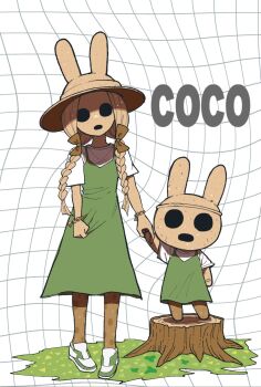 2girls animal_crossing animal_ear_headwear blonde_hair braid brown_ribbon character_name coco_(animal_crossing) dancho_no_mori dress dress_tug fake_animal_ears furry furry_and_humanization furry_female green_dress grid_background hair_ribbon hat highres holding_hands hollow_eyes hollow_mouth humanization long_hair multiple_girls nintendo on_tree_stump open_mouth rabbit_girl ribbon shirt shirt_under_dress short_sleeves standing tree_stump twin_braids white_shirt