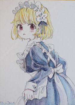 1girl absurdres apron artist_name blonde_hair blue_dress blush commentary_request dress frilled_apron frills highres juliet_sleeves long_sleeves looking_at_viewer looking_to_the_side maid maid_apron original parted_lips photo_(medium) puffy_sleeves red_eyes sha2mo short_hair signature solo traditional_media white_apron