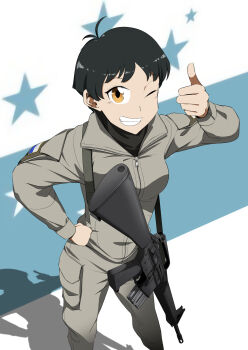 1girl absurdres antenna_hair assault_rifle breasts brown_eyes copyright_request flag flag_background gun gun_sling highres jacket looking_at_viewer m16 m16a1 military military_uniform mrxinom one_eye_closed pants patch rifle shadow short_hair stars teeth thumbs_up very_short_hair weapon wink